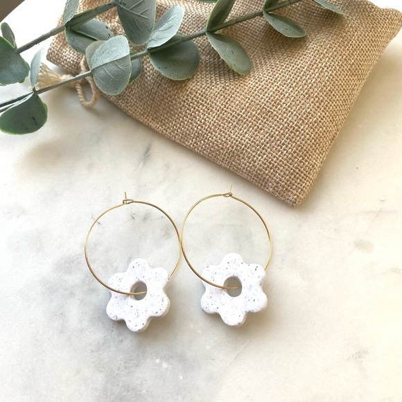 Polymer Clay Dainty Flower Gold Hoops - Picture 2 of 5
